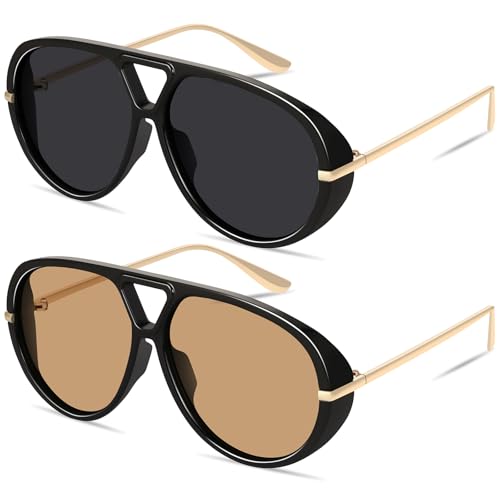 GRFISIA Retro Oversized Aviator Sunglasses for Women Men Metal 70s Aviators 2026 Fashion Shades for Beach Vacation UV400 - color: (2pcs) Black/Gray+black/Brown