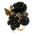 CZ Rose Flower Wedding Ring for Women Statement Engagement Round Rhinstone Crystal Aryclic Daisy Plumeria Adjustable Open Wrap Finger Rings Comfort Fit Cocktail Party Valentine Jewelry - color: Black