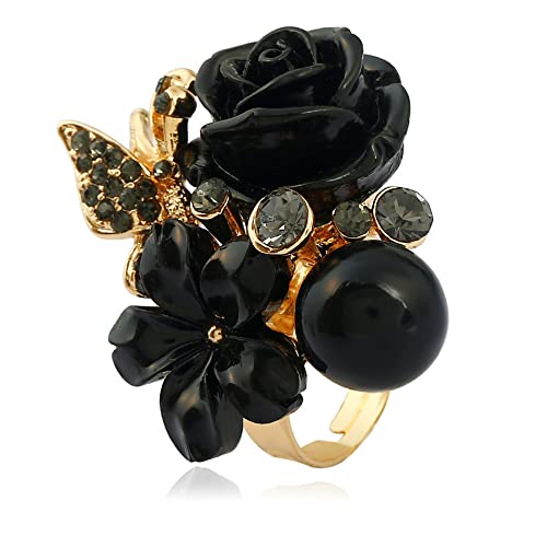 CZ Rose Flower Wedding Ring for Women Statement Engagement Round Rhinstone Crystal Aryclic Daisy Plumeria Adjustable Open Wrap Finger Rings Comfort Fit Cocktail Party Valentine Jewelry - color: Black