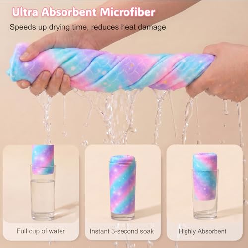Basumee Microfiber Hair Towel Wrap for Kids 2 Pack Rapid Drying Hair Towel with Button Hair Turbans for Wet Hair Wraps Head Towel Wrap for Women and Girls, Rainbow - color: Rainbow