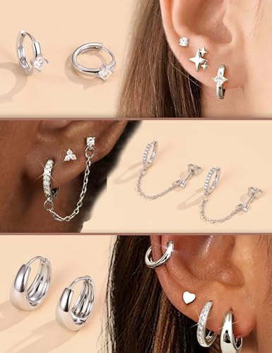 Florideco Flat Back Earrings Hypoallergenic Surgical Steel Earrings for Women Trendy Cartilage Chain Earring 14K Gold Plated Star Heart CZ Flatback Stud Earring Sets for Multiple Piercing - color: Silver