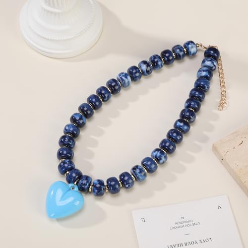 Chunky Colorful Beaded Statement Boho Summer Beach Chokers Necklace Heart Pendant Pink Green Yellow Brown Fashion Jewelry - color: Gold-navy blue