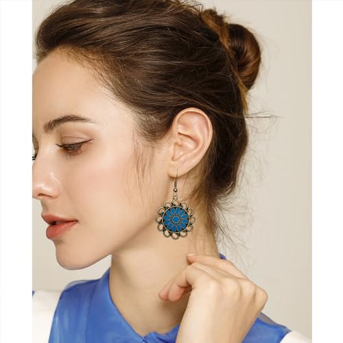 Bohemian Lightweight Vintage Copper Enamel Flower Hollow Dangle Drop Earrings Handmade Retro Circle Floral Hook Earrings For WomenJewelry Gifts - color: Blue