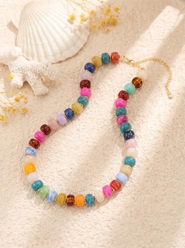Colorful Beaded Necklace for Women Chunky Resin Beads Choker Necklaces Boho Statement Necklace Summer Vacation Y2K Jewelry - color: Colorful