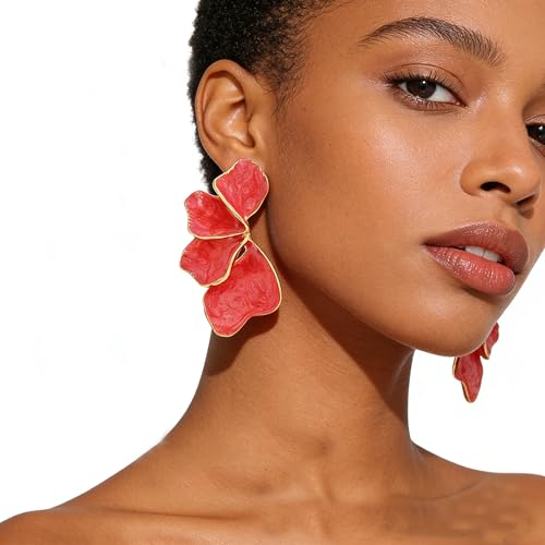 Chunky Earrings Big Statement Earrings for Women Trendy Large Floral Ginkgo Leaf Flower Earring Irregular Long Drop Dangle Earrings Chunky Jewelry - style: 1 - Red