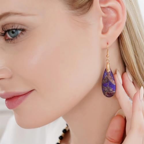 Stone Drop Earrings for Women Earrings Teardrop Jasper Stone Dangle Earrings - color: Brownish Purple-Golden Hook