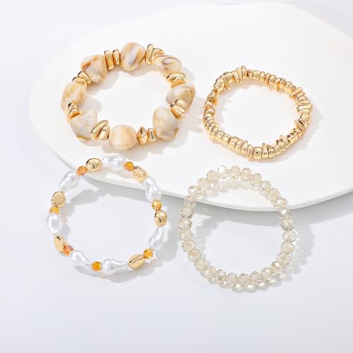 GOOJIDS Simple Beaded Gold Plated Bangles Bracelet Chunky Bamboo Tube Curved Stacking Clear Acrylic Colorful Beads Stretchable Gold Plated Bracelets Set For Women - color: T Shell Beads Set