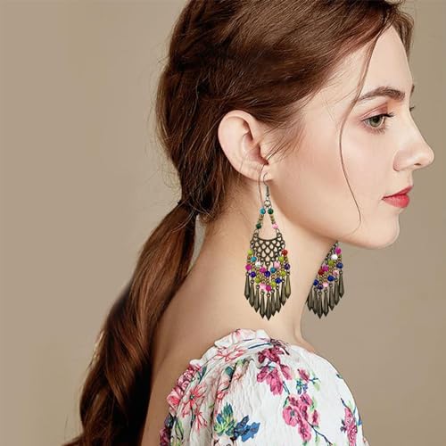 Handmade Vintage Bronze Bohemian Long Tassel Colorful Bead Dangle Drop Earrings Big Tribal Chandelier Geometry Hook Earrings for Women Statement Jewelry Gifts - color: Color