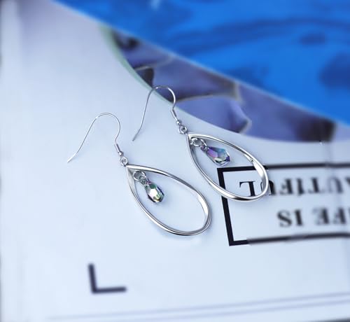 Rhodium Plate 925 Sterling Silver Hook Twist Leaf Holiday Hypoallergenic Dangle Earrings for Women Gifts Engagement Wedding with Austrian Daiamond Cut Waterdrop Crystal Hight Polished Long :1.9 IN - color: Dark color
