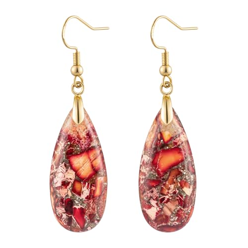 Stone Drop Earrings for Women Earrings Teardrop Jasper Stone Dangle Earrings - color: Brownish Red-Golden Hook