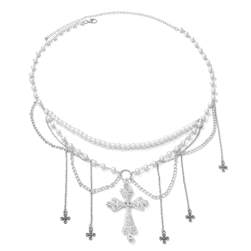 Ayliss Gothic Cross Waist Chain Belt Goth Punk Belt Pearl Beaded Belly Emo Y2k Grunge Accessories for Halloween Cosutme
