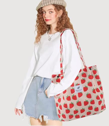 Corduroy Tote Bag for Women Small Canvas Shoulder Purse Cord Handy Bag with Inner Pocket | with Front Pocket - color: 03 A-strawberry-1