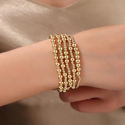 Gold Bracelets for Women 14K Gold Plated Beaded Non Tarnish Bracelets Stretch Bead Ball Bracelet Stack Set Jewelry for Gifts - color: B SET 5PC