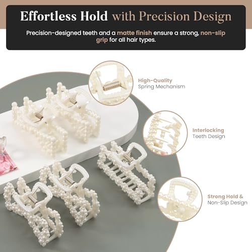 5 PCS Simulated Pearl Hair Claw Clips for Women | Multi-Use Barrettes for Thin Hair with Non-Slip Strong Hold | Barrettes for Thick & Curly Hair Accessories | Flat Claw Clips for Women, Off-White - color: 5 Pcs Mix
