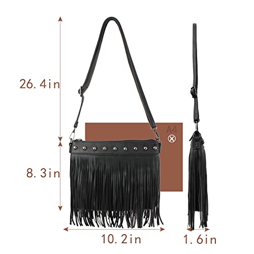 Hoce Women’s Leather Fringe Messenger Bag Large Hobo Crossbody Tassel Shoulder Bags, Gift for Mom Wife Girlfriend - color: 6926 Black