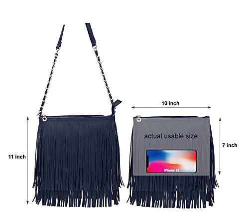 Solene Fringe Crossbody Shoulder Bag with Strap, Tassel Messenger bag, Country Style Western Fringe Purse for Women - color: Navy