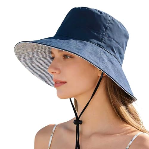 Women's Summer Sun Hat - Reversible Design with Striped Lining Adjustable Brim for Travel and Outings Cap - color: Stripes-navy