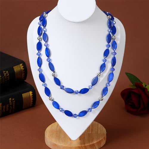 Long 48" Beaded Necklace for Women Boho Knot Strand Chunky Shell Crystal Beads Fashion Costume Jewelry for Gifts - color: Blue