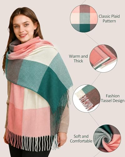 Loritta Womens Scarf Fashion Long Plaid Shawls Wraps Big Grid Winter Warm Lattice Large Scarves Gifts - color: B-pink Green Lattice