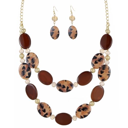 2 Layered Chunky Beaded Shell Necklace for Women Sea Shell blue/yellow/red/green/turquoise/teal/white Statement Necklace and Earring Set Elegant Women Necklace Set Jewelry Sets for Women - color: leopard/brown