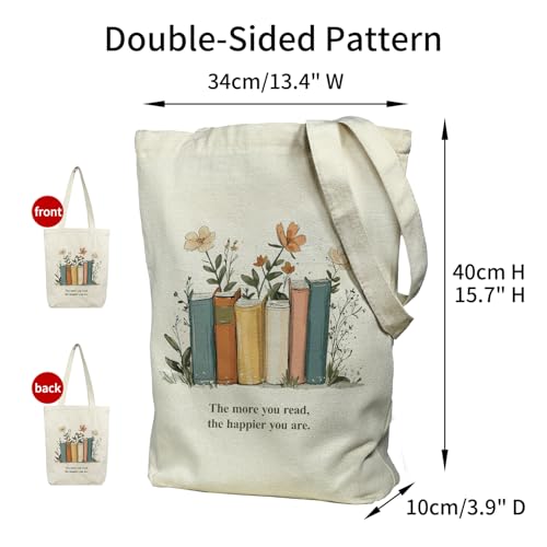 itgowisa Canvas Tote Bag for Women, Tote Bag with Zipper Inner Pocket, Zippered Canvas Bag for Shopping Work Grocery Everyday - style: Bookish