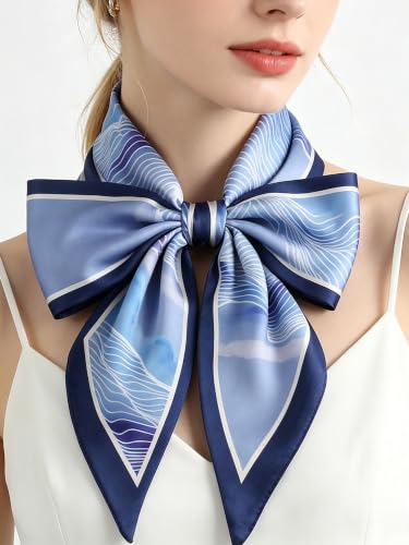 kcctoo 59" Mulberry Silk Like Head Scarf Women's Fashion Square Neck Satin Scarfs for Bag Hair Scarves Gift 59 * 5.9” - color: B001-mystic Blue