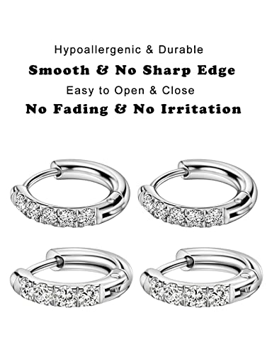 316L Surgical Stainless Steel Huggie Hoop Earrings with Cubic Zirconia, 10G 12G 14G 8-20mm Cartilage Lobe Earrings, 14G Piercing Jewelry - style: 10G 8mm 10mm Silver Clear CZ