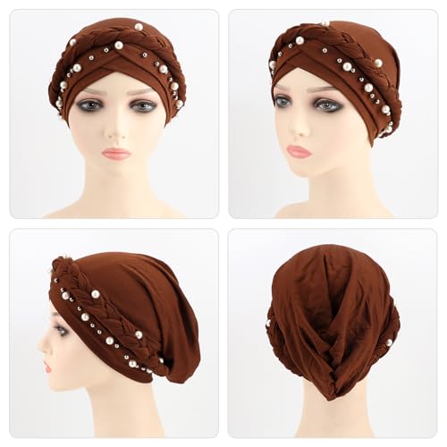 African Women Turban Caps Pre-Tied Twisted Turbans Head Scarf for Women Hair Wraps Cover Beanie Cancer Chemo Headwear - color: 1 Pack Twisted Braid A: Pearls Coffee