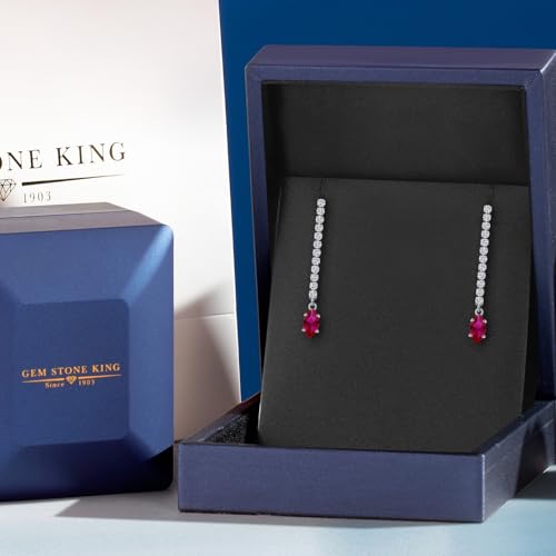 Gem Stone King 14K White Gold Gemstone Birthstone and White Lab Grown Diamond Long Liner Dangle Earrings for Women | Marquise 6X3MM | White Gold Chain Drop Earrings - style: Created Ruby, July
