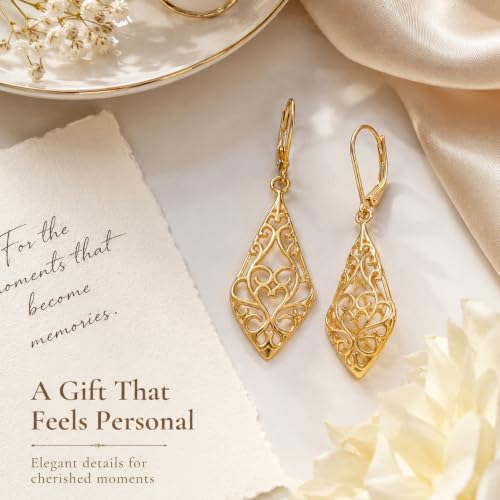 LeCalla 925 Sterling Silver Filigree Dangle Earrings for Women | Gold, Rose Gold & Rhodium Plated Diamond-Cut Filigree Drop Earrings | Lightweight Earrings Jewelry Gift - color: Yellow-Gold Filigree Drop