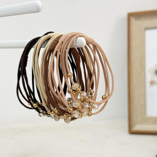 10pcs Brown Hair Ties with Gold & Crystal Beads, Thin Elastic Ponytail Holders for Women - color: Beige, Khaki, Brown, Dark Brown, Black