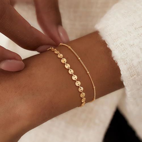 Dremmy Studios Gold Bracelet for Women 18K Gold Plated Dainty Paperclip Cubic Zirconia Disc Coin Star Cable Satellite Bead Pearl Simple Boho Minimalist Stacking Layered Link Jewelry Gift - color: Layer A