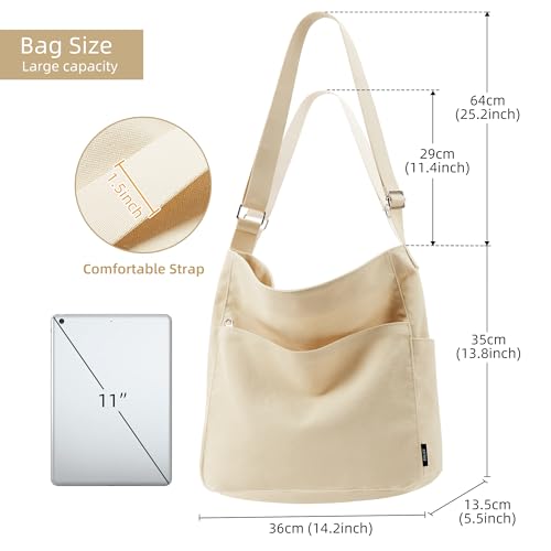 KALIDI Canvas Tote Bag Large Hobo Crossbody Shoulder Handbag Zipper Messenger Bag for Women or Men Casual College Work - color: Beige