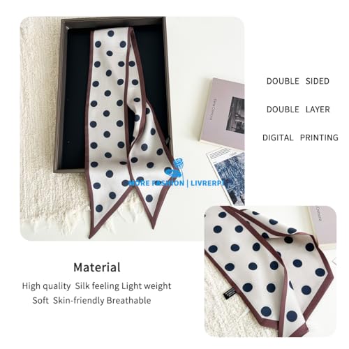 Hair Head Neck Bag Long Scarf Versatile Wrap for Women Soft & Lightweight for Everyday Chic - color: 12 Khaki Polka Dot 3.7 X 38 Inch