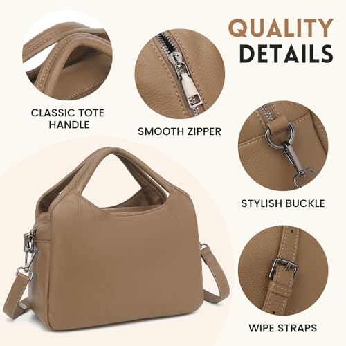 KOGTLA Medium Genuine Leather Purses for Women with Detachable Satchel Strap, Ladies Soft Handbags, Tote Hobo Bags - color: Khaki