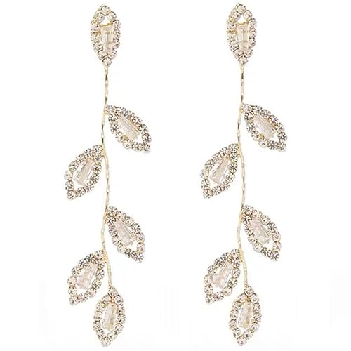 Dangling Earrings for Women Bridal Earrings for Wedding Rhinestone Wedding Prom Anniversary Delicate Leaf silver drop Earrings Long Earrings- Elegant Earrings - color: 01 Leaf Gold