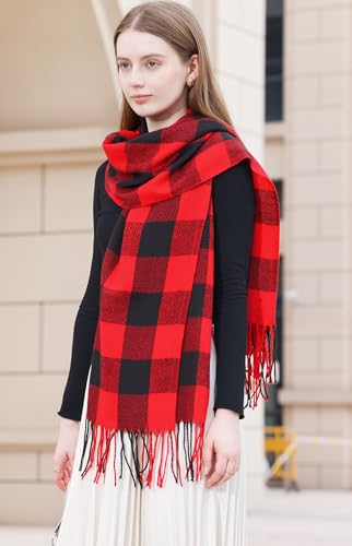 Wander Agio Women's Fashion Long Shawl Big Grid Winter Warm Lattice Large Scarf - color: Red Black Plaid