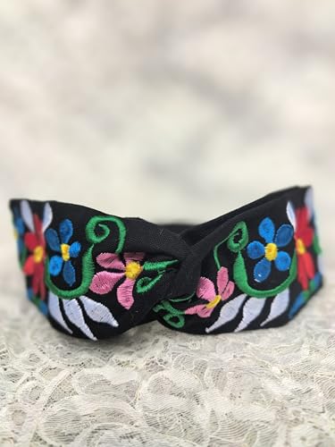 FANFAN Women's Mexican Handmade Embroidered Boho Headband – Elastic Floral Adjustable Hair Band for Weddings, Trendy Headwear for Evening Parties & Daily Wear E9 (Black, One Size) - color: Black