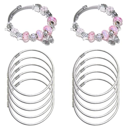 Exway 10 Pcs Elastic charm Bracelet chain Stainless Steel Cable Wire Twisted Cuff Bangle Bracelet Sliver charm Bracelets Kit for Crafts DIY Women Jewelry Making - color: silver, size: 7.0in