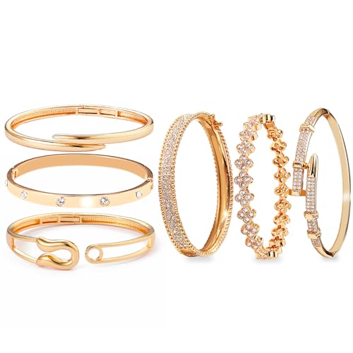 6PCS Gold Designer Classic Bangle Bracelet Set for Women, 18K Gold Plated with AAA Cubic Zirconia, Ideal Gift for Birthday Christmas Valentine's Day Mother's Day - color: Classic Style - Minimalist Elements