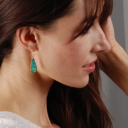 Teardrop Dangle Earrings for Women with Simulated Druzy Stones, in Gold or Rose Gold Tone - color: Gold - Blue Green Stone