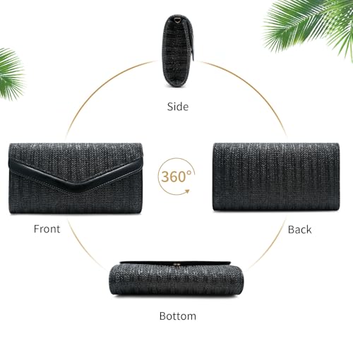 Straw Clutch Purse for Women Envelope Clutch Handbags for Summer Beach Evening Shoulder Crossbody Bag - color: Black