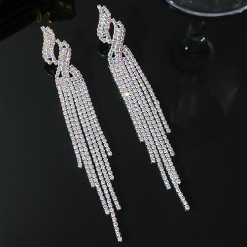 Rhinestone Tassel Earrings Sparkly Long Fringe Crystal Chandelier Dangle Drop Earrings Wedding Party Prom Earrings Premium Iridescent Earrings Wedding Party Jewelry Gifts for Women - color: Silver3
