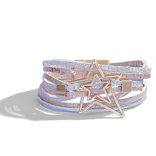 Long tiantian Leather Bracelets for Women Men Heart Wrap Bracelets Western Jewelry Cowgirl Outfits Birthday Gifts for Her - color: B8：pink leather bracelet