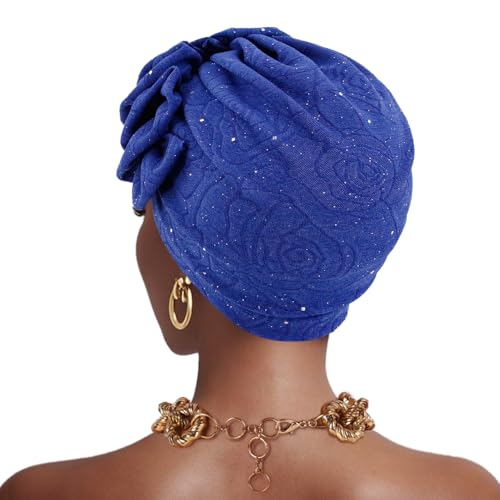 Erinaco Women Sparkle Sequin African Turban Bow Knot Pre-Tied Cap Pleated Ruffle Bonnet Beanie Hat Headwrap Skull Caps - color: Beaded Sapphire Blue