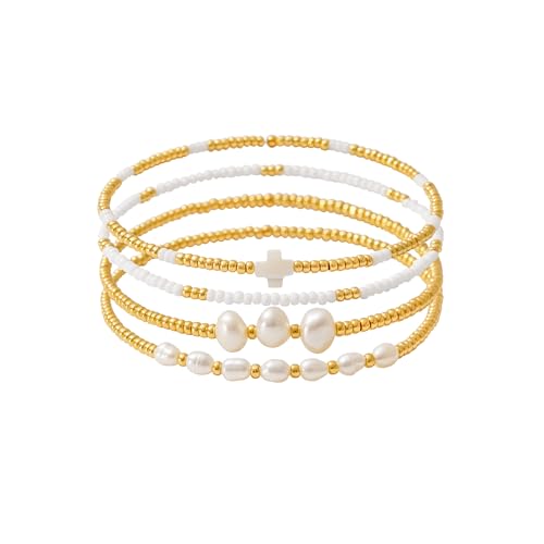 Dainty Gold Plated Pearl Crystal Beaded Bracelets Set for Women 14K Gold Plated Bead Pearl Beads Bracelet Stackable Paperclip Link Chain Bracelets Gold Plated Bracelets for Women Trendy Jewelry - color: Style3-shell cross pearl gold beads set