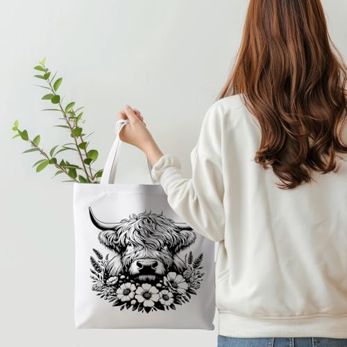Preppy Animal Tote Bag, Pet Canvas Tote Bag, Reusable Grocery Shopping Shoulder Bags - color: Highland Cow