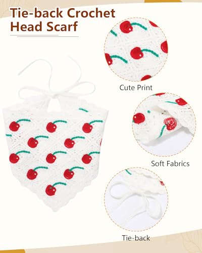 AWAYTR Crochet Head Scarf Hair Bandanas Women Knit Bandana Headband Scarf Tie-Back Head Coverings Floral Headscarf - color: Black Cherry + White Cherry + White Strawberry