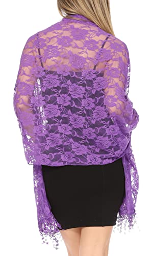 Sakkas Mari Women's Large Lightweight Soft Lace Scarf Wrap Shawl Floral and Fringe - color: Rosepurple