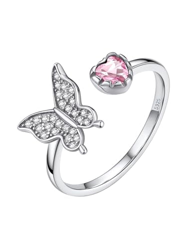 Bestyle 925 Sterling Silver Butterfly Ring Hypoallergnic Adjustable Birthstone Rings for Women Butterfly Jewelry Gifts for Anniversary Mothers' Day Birthday - color: 10.October (Pink Tourmaline)